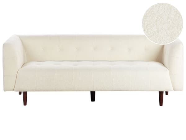 Sofa Off-white Boucle Treben 3-seters Sofa med Knappet Treben og Polstring i Brunt Stoff Gummitreben