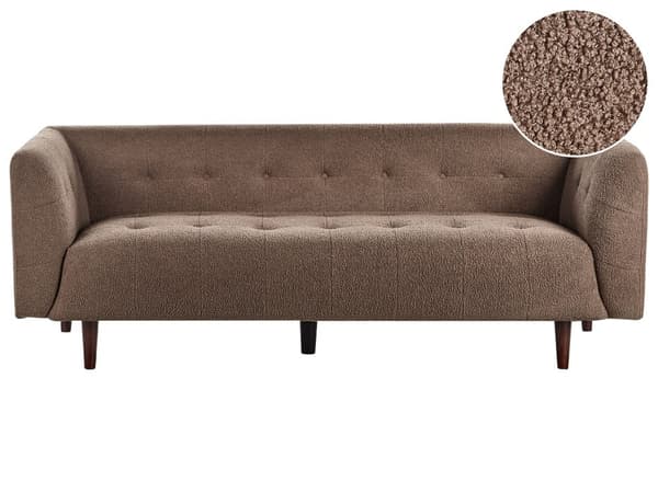 Sofa Brun Boucle Treben 3-seters Sofa med Knappet Treben og Polstring i Brunt Stoff Gummitreben