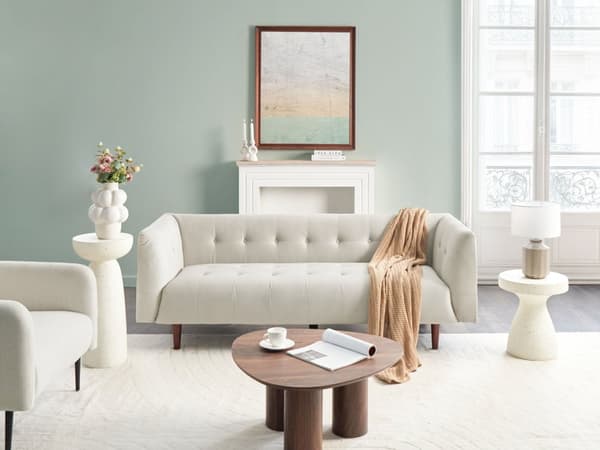 Sofa Lys Beige Stofftrekk Treben 3 Seter Sofa med Knapper Treben Gummitreben