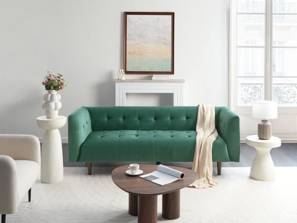 Sofa Grønn Stofftrekk Treben 3 Seter Sofa med Knapper Treben Gummitreben