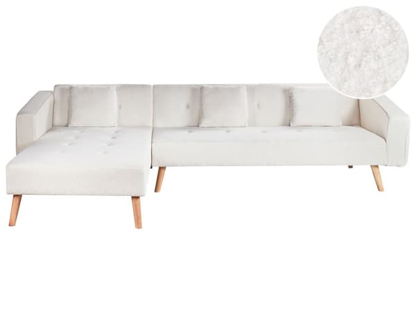 Sovesofa med Chaiselong Hvid Boucle 4 Personers Sofa L Formet Hjørnesofa Dyb Sofaseng Blød Stofsofa Design Hjørnesovesofa Højrevendt