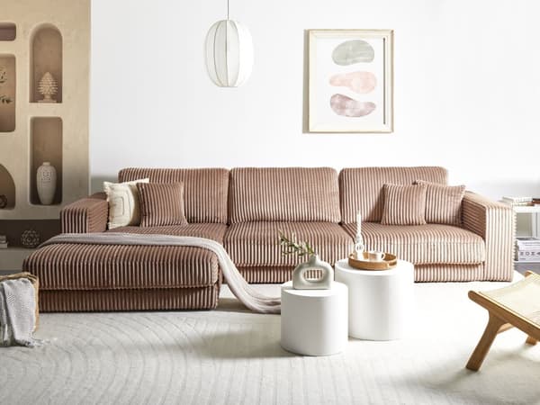 Hjørnesofa med Chaiselong Brun Fløjl 4 Personers Sofa L Formet Dyb Sofahjørne Siddemøbel Blød Stofsofa Højrevendt Flydersofa