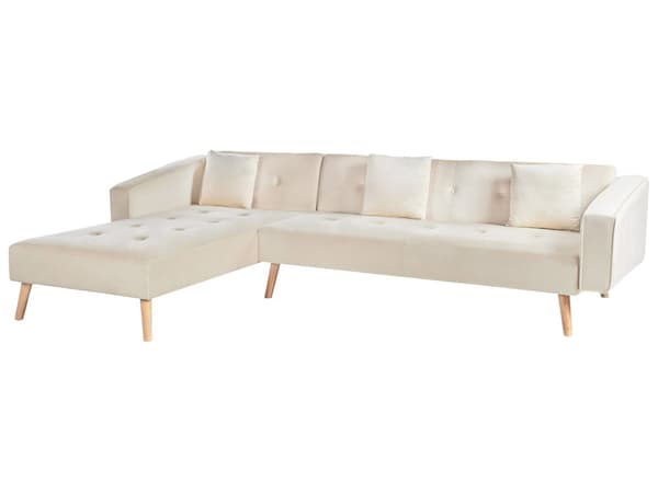 Sovesofa med Chaiselong Beige Velour 4 Personers Sofa L Formet Hjørnesofa Dyb Sofaseng Blød Stofsofa Design Hjørnesovesofa Højrevendt