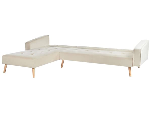 Sovesofa med Chaiselong Beige Velour 4 Personers Sofa L Formet Hjørnesofa Dyb Sofaseng Blød Stofsofa Design Hjørnesovesofa Højrevendt