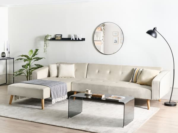 Sovesofa med Chaiselong Beige Velour 4 Personers Sofa L Formet Hjørnesofa Dyb Sofaseng Blød Stofsofa Design Hjørnesovesofa Højrevendt