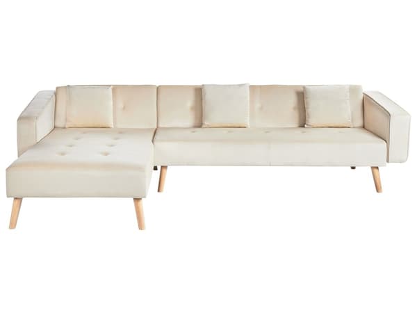 Sovesofa med Chaiselong Beige Velour 4 Personers Sofa L Formet Hjørnesofa Dyb Sofaseng Blød Stofsofa Design Hjørnesovesofa Højrevendt