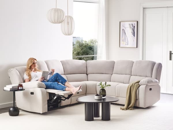 Soffa Elektrisk Vilstol Ljus Beige Tyg Hörnsoffa 5-sits Centrum Förvaring Armstöd Mugghållare USB-ingång