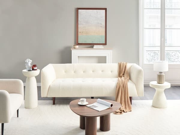 Soffa Off-White Bouclé Klädsel Träben 3-sits Knappad Klädsel Gummiträben