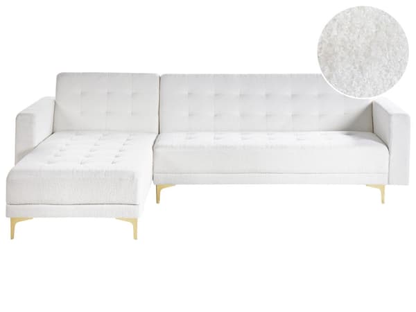 Sovesofa med Chaiselong Hvid Bouclé 4 Personers Sofa L Formet Hjørnesofa Dyb Sofaseng Blød Stofsofa Design Hjørnesovesofa Højrevendt
