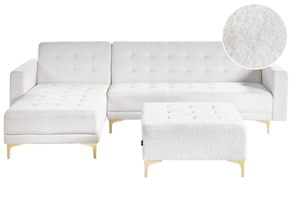 Sovesofa med Chaiselong Hvid Bouclé 4 Personers Sofa L Formet Hjørnesofa med Fodskammel Sofaseng Blød Stofsofa Design Hjørnesovesofa