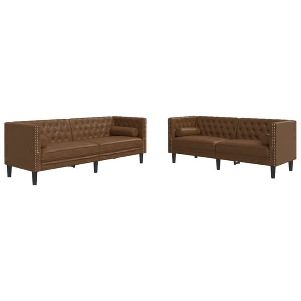 Soffgrupp chesterfield 2 delar bolsterkuddar brun konstmocka