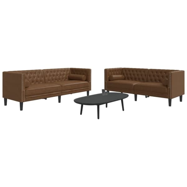 Soffgrupp chesterfield 2 delar bolsterkuddar brun konstmocka