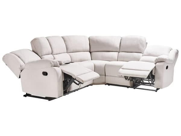 Hjørnesofa lys beige stofbetræk manuelt tilbagelænet 5-personers center opbevaring armlæn moderne stil