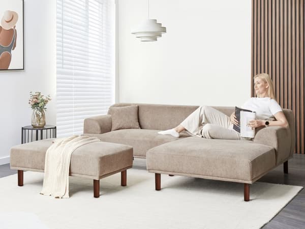 Hjørnesofa med Chaiselong Taupe Polyester 3 Personers Sofa L Formet Dyb Sofahjørne Siddemøbel Blød Stofsofa med Fodskammel Venstrevendt