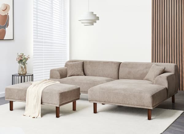 Hjørnesofa med Chaiselong Taupe Polyester 3 Personers Sofa L Formet Dyb Sofahjørne Siddemøbel Blød Stofsofa med Fodskammel Venstrevendt