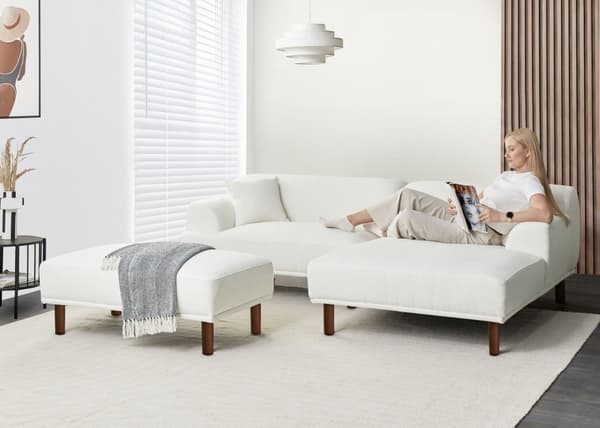 Hjørnesofa med Chaiselong Hvid Boucle 3 Personers Sofa L Formet Dyb Sofahjørne Siddemøbel Blød Stofsofa med Fodskammel Venstrevendt