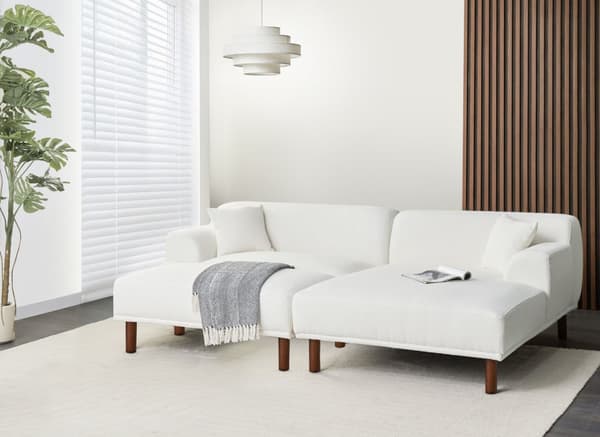 Hjørnesofa med Chaiselong Hvid Boucle 3 Personers Sofa L Formet Dyb Sofahjørne Siddemøbel Blød Stofsofa med Fodskammel Venstrevendt