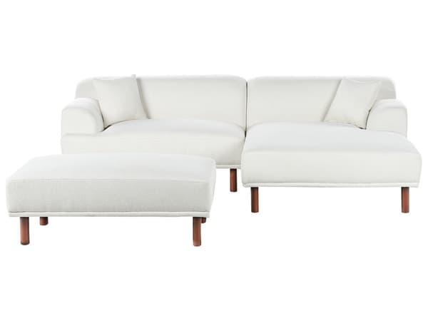 Hjørnesofa med Chaiselong Hvid Boucle 3 Personers Sofa L Formet Dyb Sofahjørne Siddemøbel Blød Stofsofa med Fodskammel Venstrevendt