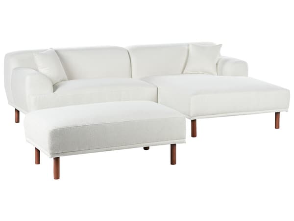 Hjørnesofa med Chaiselong Hvid Boucle 3 Personers Sofa L Formet Dyb Sofahjørne Siddemøbel Blød Stofsofa med Fodskammel Venstrevendt