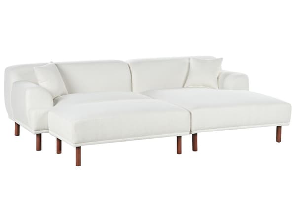 Hjørnesofa med Chaiselong Hvid Boucle 3 Personers Sofa L Formet Dyb Sofahjørne Siddemøbel Blød Stofsofa med Fodskammel Venstrevendt