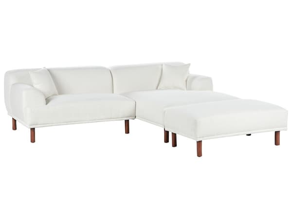 Hjørnesofa med Chaiselong Hvid Boucle 3 Personers Sofa L Formet Dyb Sofahjørne Siddemøbel Blød Stofsofa med Fodskammel Venstrevendt