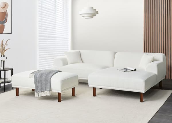 Hjørnesofa med Chaiselong Hvid Boucle 3 Personers Sofa L Formet Dyb Sofahjørne Siddemøbel Blød Stofsofa med Fodskammel Venstrevendt