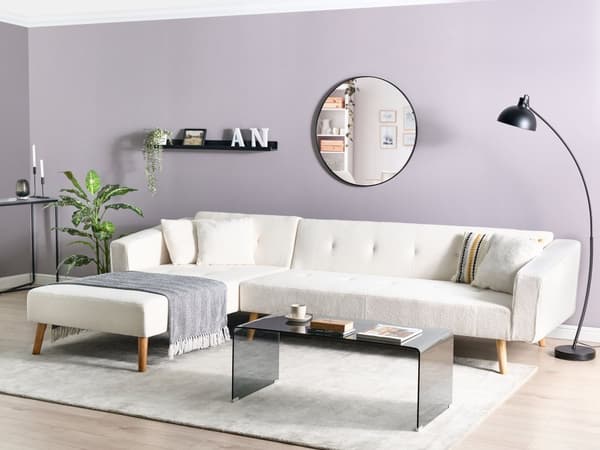 Hörnbäddsoffa 4-sits Vit Bouclé Klädsel Ljusa Träben Höger 3 Kuddar