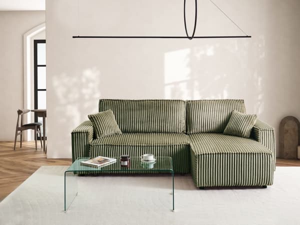 Hjørnesovesofa Grønn Kordfløyel 2-seter L-form Venstrevendt Uttrekkbar sovefunksjon Puter Moderne design Sofa Stue