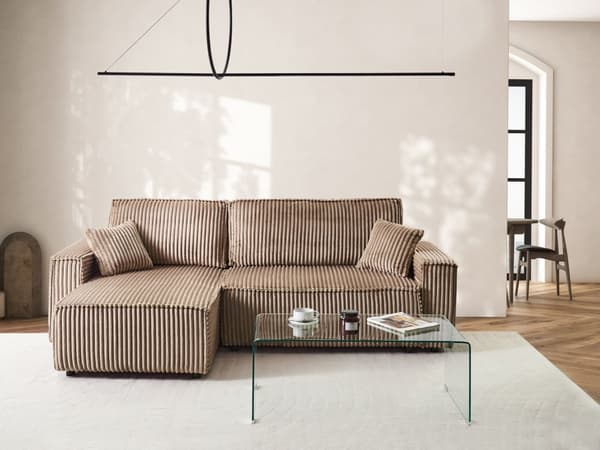 Hjørnesovesofa Brun Kordfløyel 2-seter L-form Høyrevendt Uttrekkbar sovefunksjon Puter Moderne design Sofa Stue