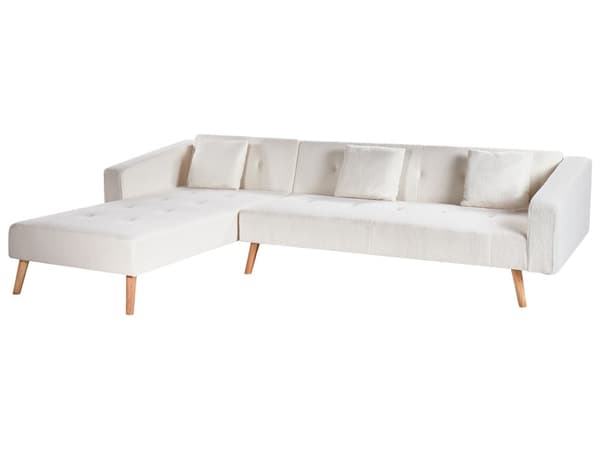 Hjørnesofa med 3 Puter Off White Boucletrekk Lyse Treben Liggende Høyre Chaise Longue 4 Seter
