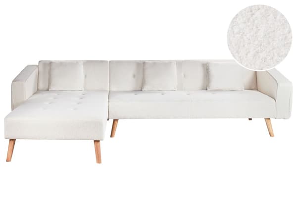 Hjørnesofa med 3 Puter Hvit Boucletrekk Lyse Treben Liggende Høyre Chaise Longue 4 Seter