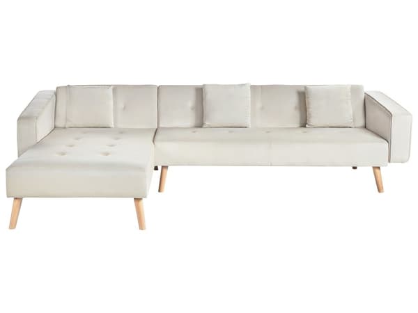 Hjørnesofa med 3 Puter Beige Fløyelstrekk Lyse Treben Liggende Høyre Chaise Longue 4 Seter