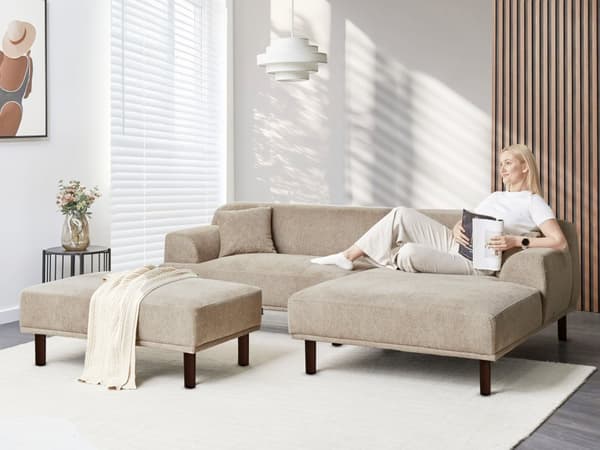 Venstrevendt Hjørnesofa i Stoff med Ottoman Taupe Vannavvisende Trekk 4-seter Minimalistisk Stil