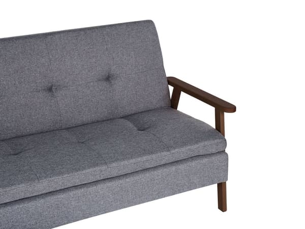Bäddsoffa Grå Tyg Mörkt Trä Armstöd Stoppad 3-sits Klick Klack Säng Träram
