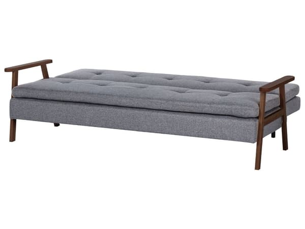 Sovesofa Grått Stoff med Armlener i Mørkt Tre Polstret 3 Seters Klikk-klakk-seng Treramme