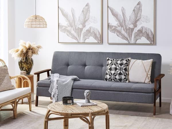 Sovesofa Grått Stoff med Armlener i Mørkt Tre Polstret 3 Seters Klikk-klakk-seng Treramme