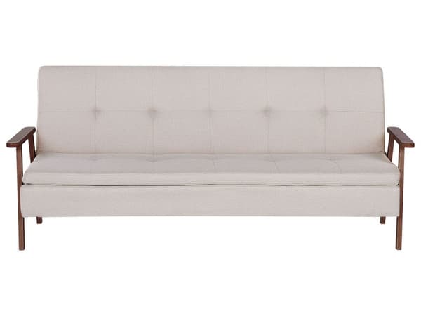 Bäddsoffa Beige Tyg Mörkt Trä Armstöd Stoppad 3-sits Klick Klack Säng Träram
