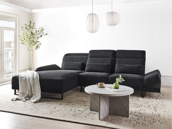 Hjørnesofa med Open End Sort Stof Polyester 4 Personers Sofa med Chaiselong L Formet Sofa Dyb Blød Stofsofa Design Højrevendt