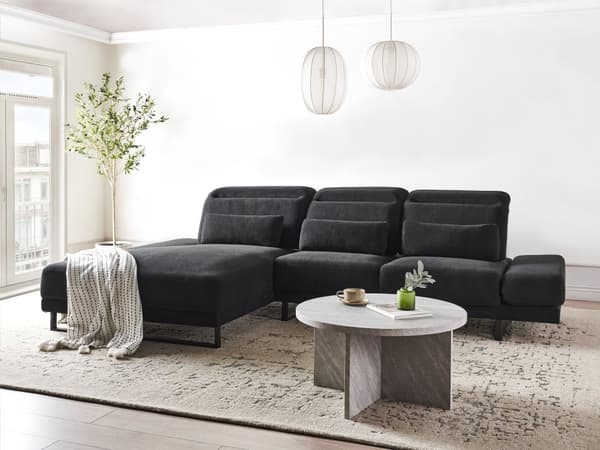 Hjørnesofa med Open End Sort Stof Polyester 4 Personers Sofa med Chaiselong L Formet Sofa Dyb Blød Stofsofa Design Højrevendt