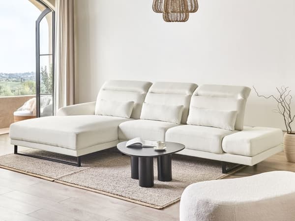 Hjørnesofa med Open End Off White Stof Polyester 4 Personers Sofa med Chaiselong L Formet Sofa Dyb Blød Stofsofa Design Højrevendt