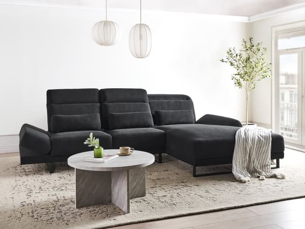 Hjørnesofa med Open End Sort Stof Polyester 4 Personers Sofa med Chaiselong L Formet Sofa Dyb Blød Stofsofa Design Venstrevendt