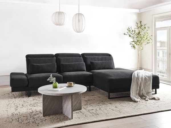 Hjørnesofa med Open End Sort Stof Polyester 4 Personers Sofa med Chaiselong L Formet Sofa Dyb Blød Stofsofa Design Venstrevendt