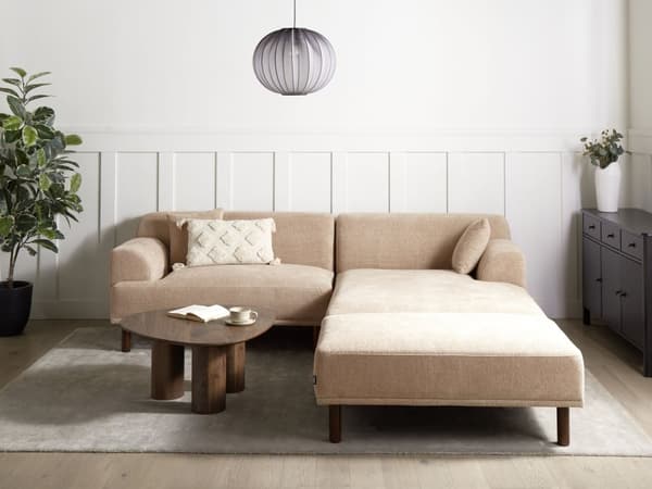 Hjørnesofa med Chaiselong Beige Polyester 3 Personers Sofa L Formet Dyb Sofahjørne Siddemøbel Blød Stofsofa med Fodskammel Venstrevendt