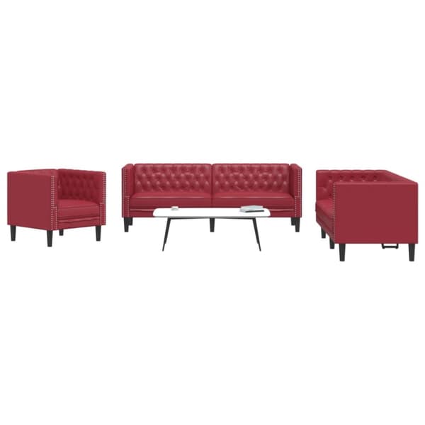 Soffgrupp chesterfield 3 delar vinröd konstläder
