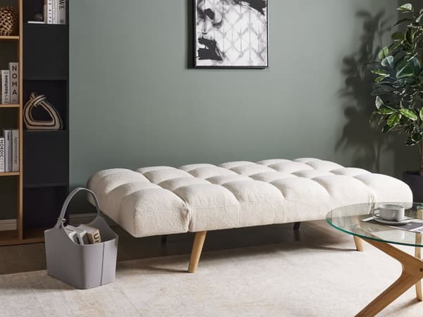 Bäddsoffa Vit Boucle Tyg Stoppad 3-sits Liggande Ryggstöd Kvadratisk Quiltad
