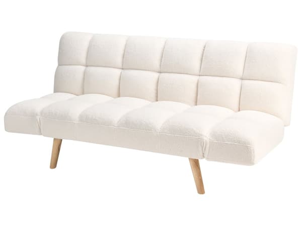 Bäddsoffa Vit Boucle Tyg Stoppad 3-sits Liggande Ryggstöd Kvadratisk Quiltad