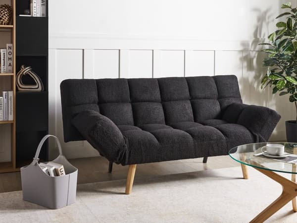Bäddsoffa Svart Boucle Tyg Stoppad 3-sits Liggande Ryggstöd Kvadratisk Quiltad