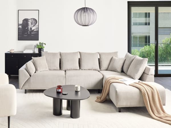 Hjørnesofa Venstrevendt Beige Kordfløyel Stoffputer Metall Svart Ben Retro Design Pute Ryggstøtte