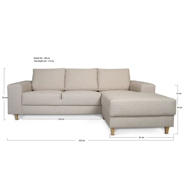 Nordic sofa med chaiselong højrevendt lys beige.