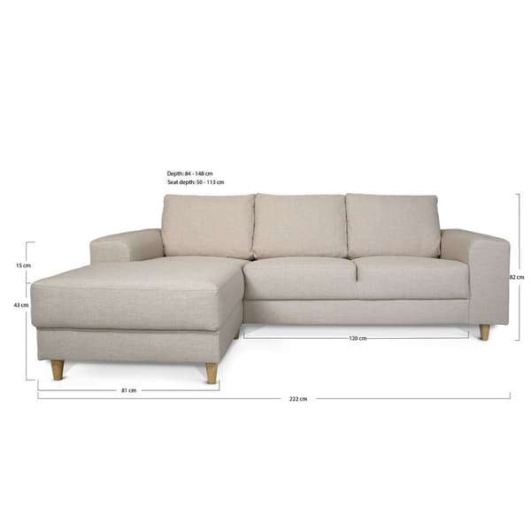 Nordic sofa med chaiselong venstrevendt cognac farvet læder.